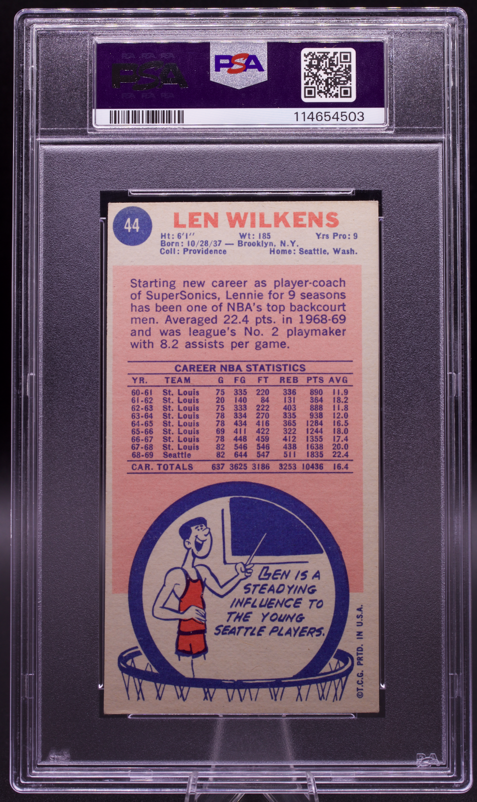 1969 Topps Len Wilkens #44 PSA 5 AUTO 10 Signed Seattle Sonics Tallboy HOF