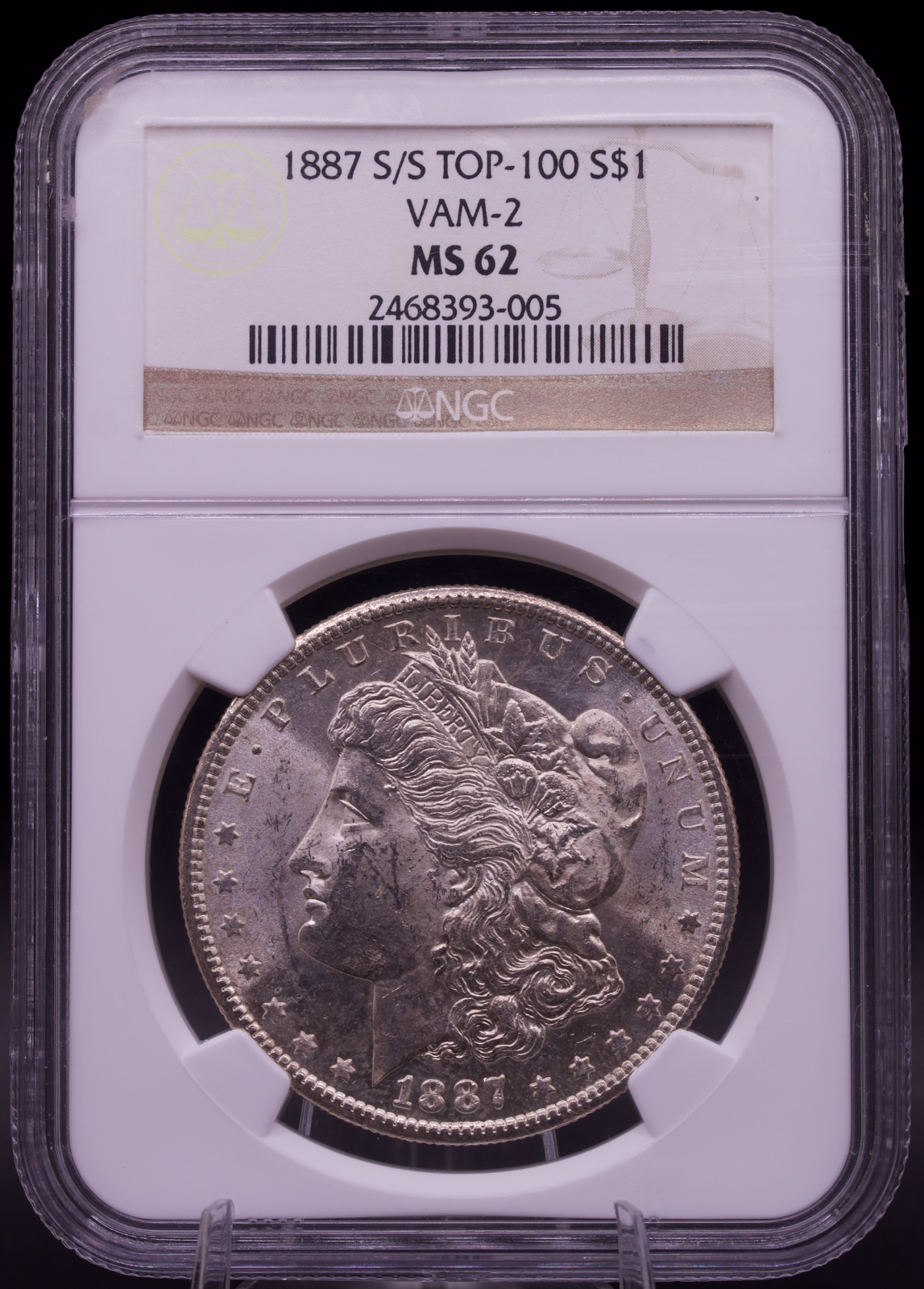 1887-S/S VAM-2 Top-100 Morgan Silver Dollar NGC MS62 – Strong Repunched Mintmark