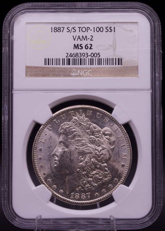 1887-S/S VAM-2 Top-100 Morgan Silver Dollar NGC MS62 – Strong Repunched Mintmark