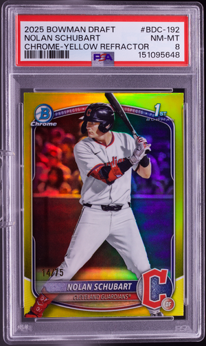 2025 Bowman Draft Chrome Nolan Schubart Yellow Refractor PSA 8 /75 Guardians