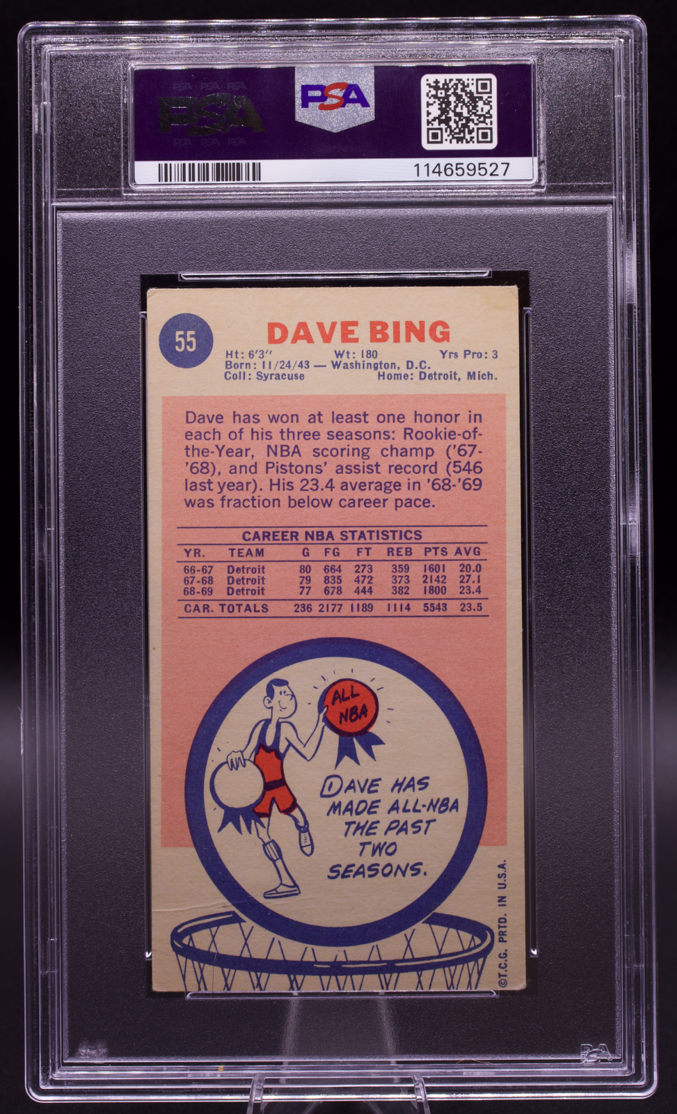 1969 Topps Dave Bing #55 PSA Authentic AUTO 10 Inscribed Pistons Tallboy