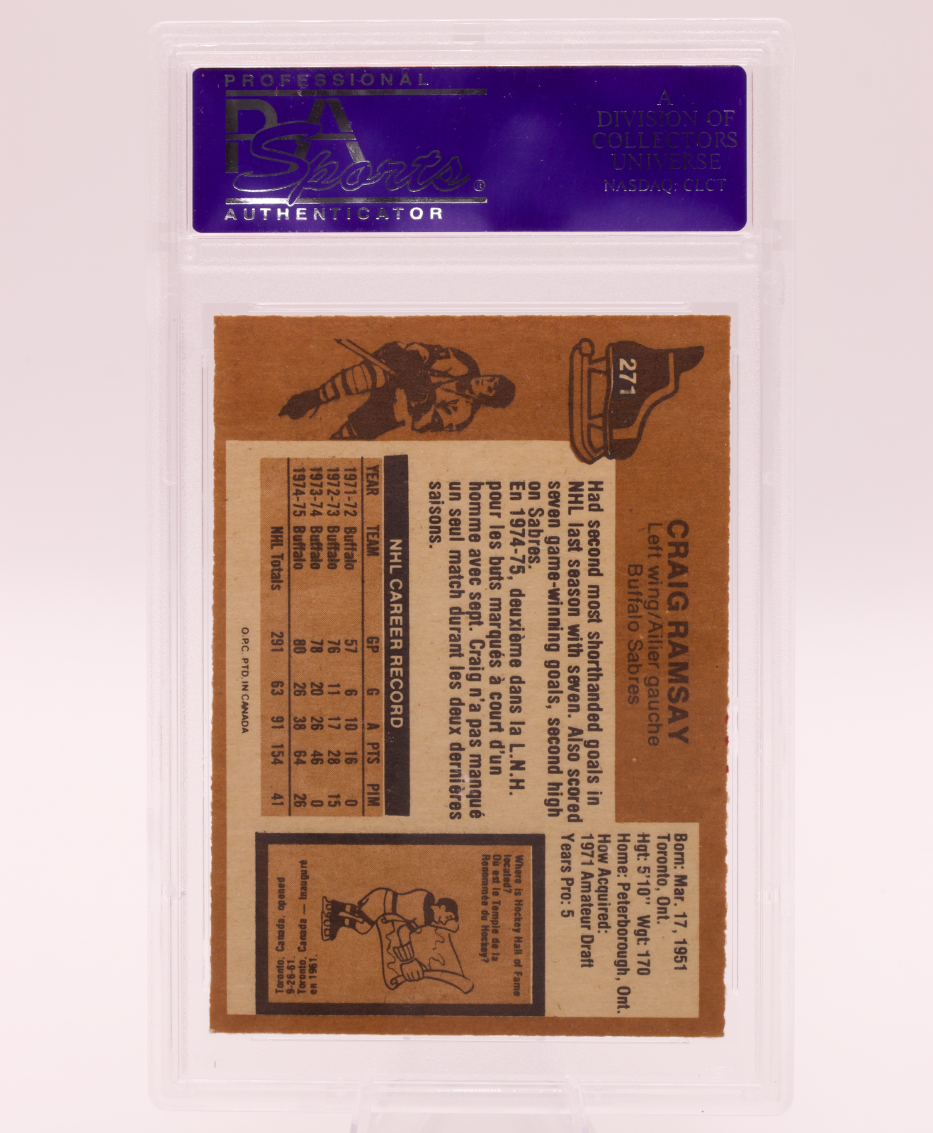 1975 O-Pee-Chee #271 Craig Ramsay PSA 8 NM-MT Buffalo Sabres Selke Hockey Card
