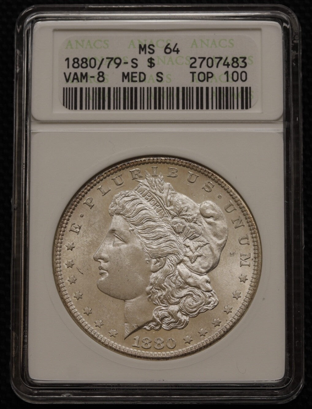 1880/79-S $1 Morgan Silver Dollar ANACS MS64 TOP 100 VAM-8 Med S *Mirror Like*
