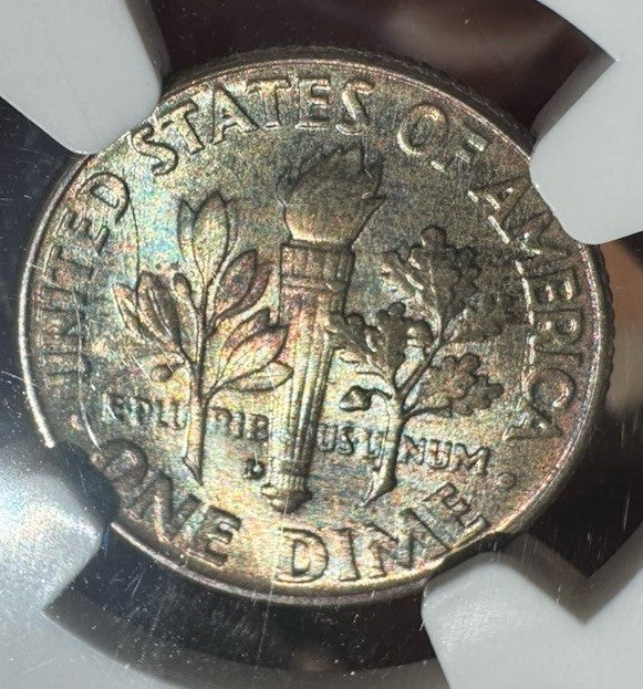 1962-D Roosevelt Dime MS66 NGC • Rainbow Toned Gem • Blue, Rose & Gold Glow