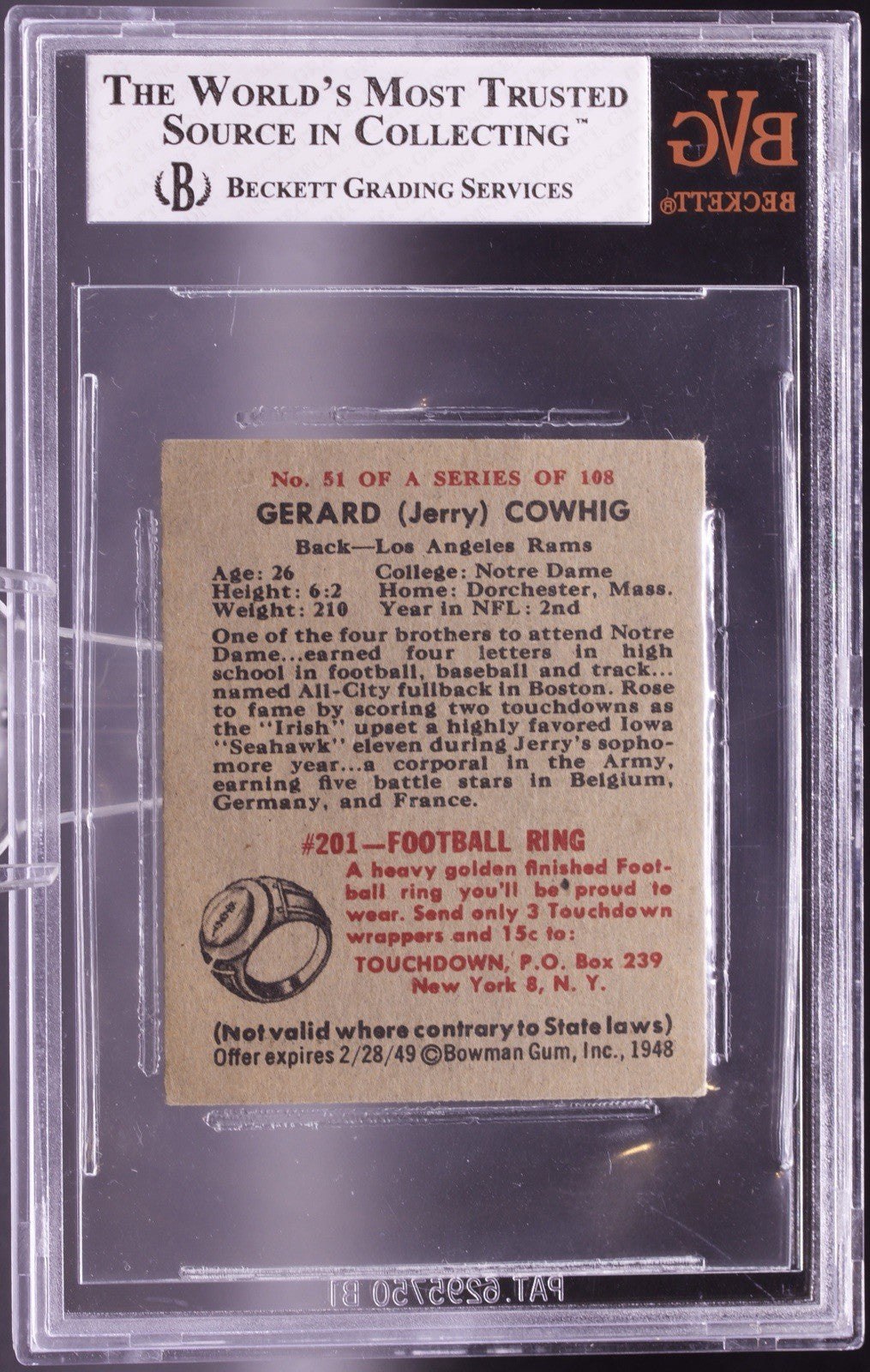 1948 Bowman Football #51 Gerald Cowhig SP Short Print RC BVG 4 VG-EX Rare Card