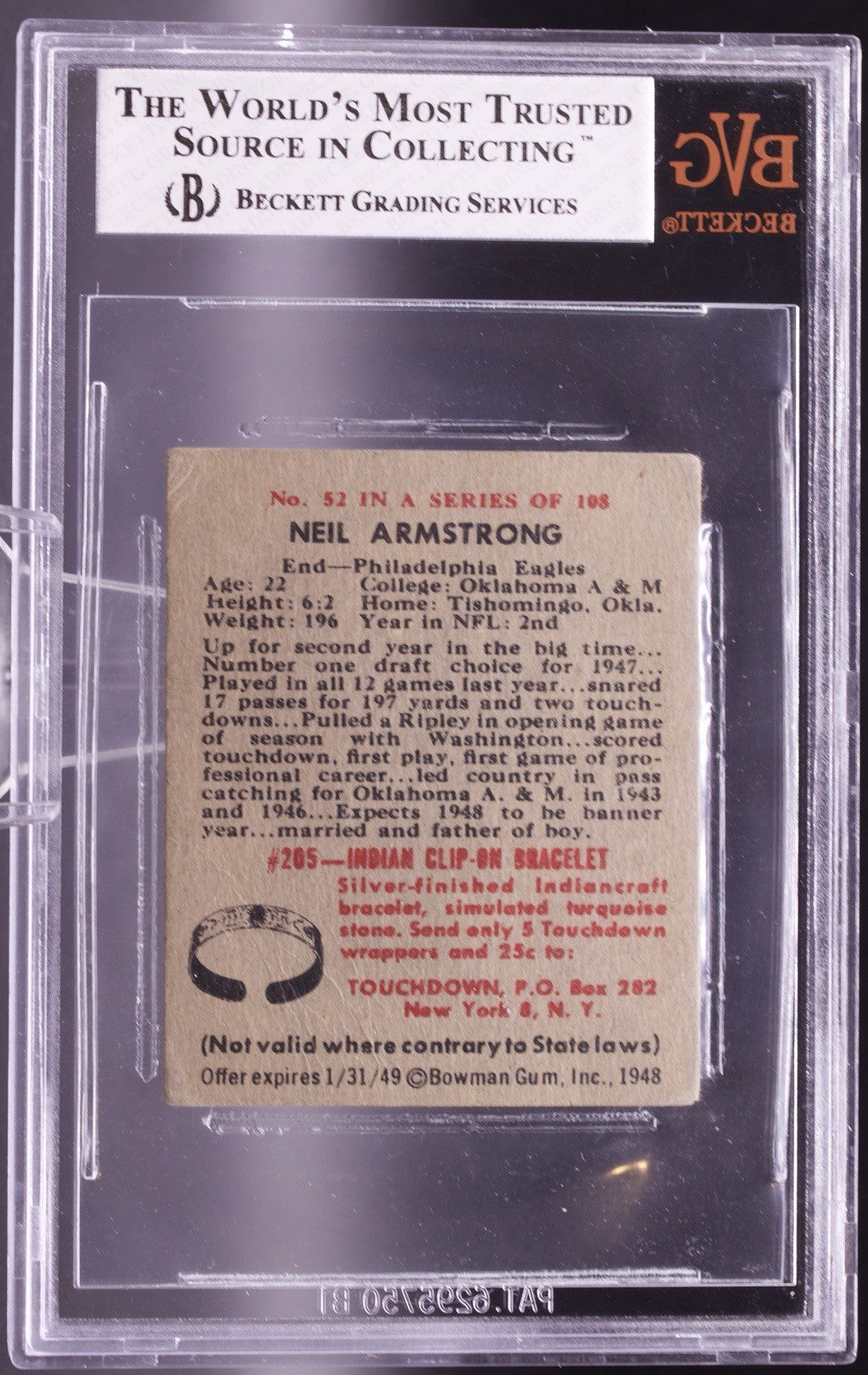 1948 Bowman Football #52 Neill Armstrong Rookie RC BVG 3 VG Philadelphia Eagles