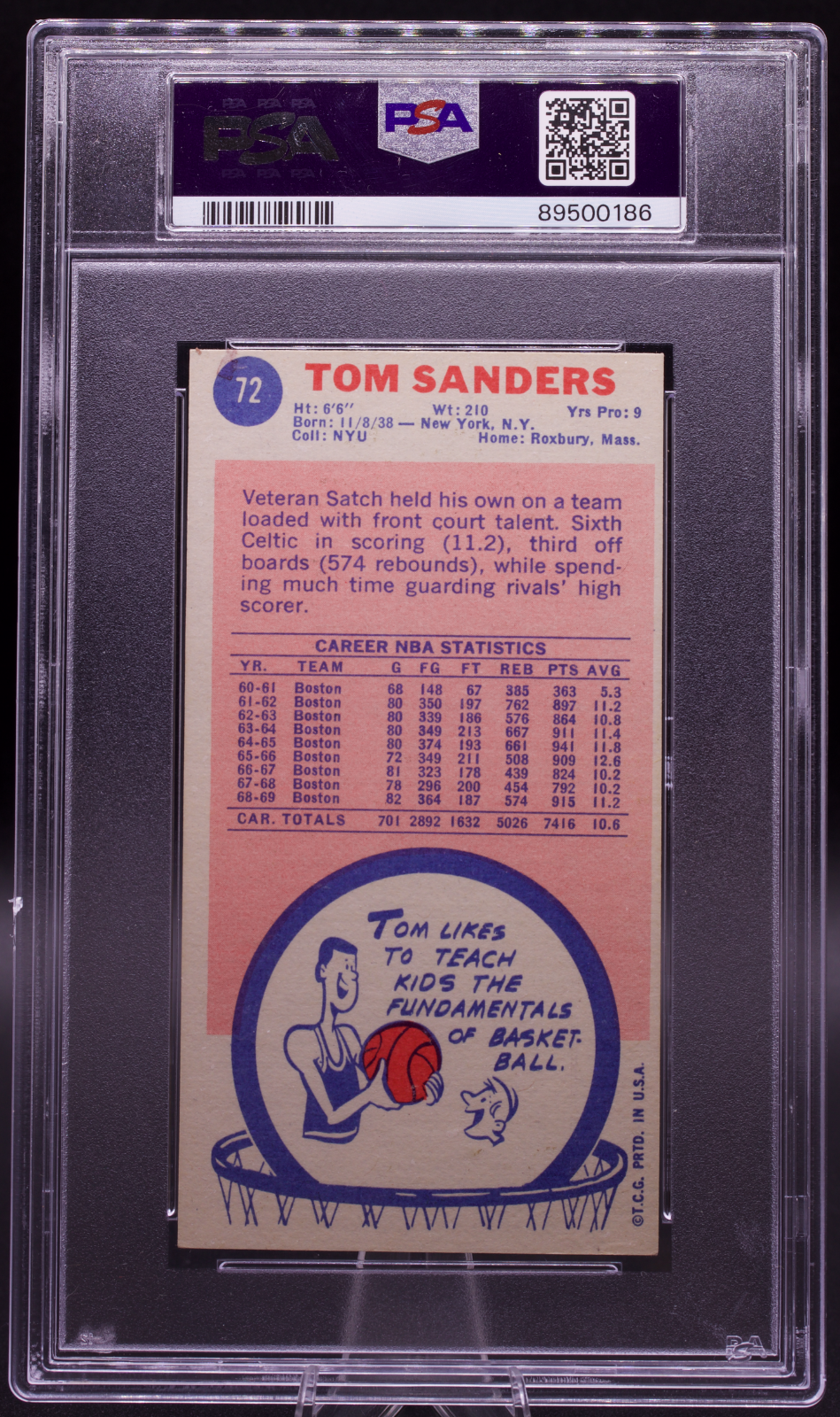 1969 Topps Tom Sanders #72 PSA 6 AUTO 10 Signed Inscribed Celtics Champ HOF