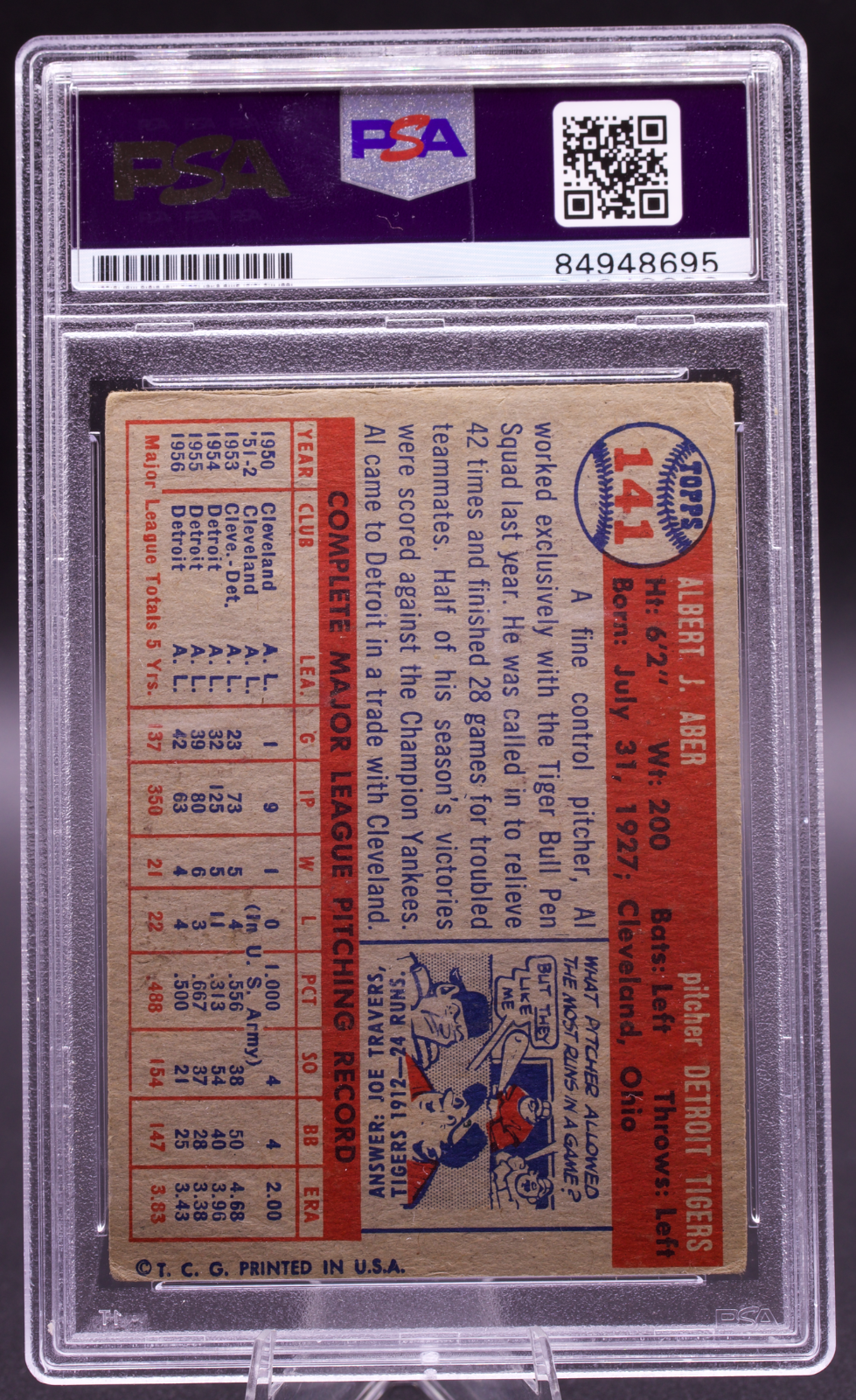 1957 Topps Al Aber #141 PSA Authentic Auto Signed Detroit Tigers Vintage