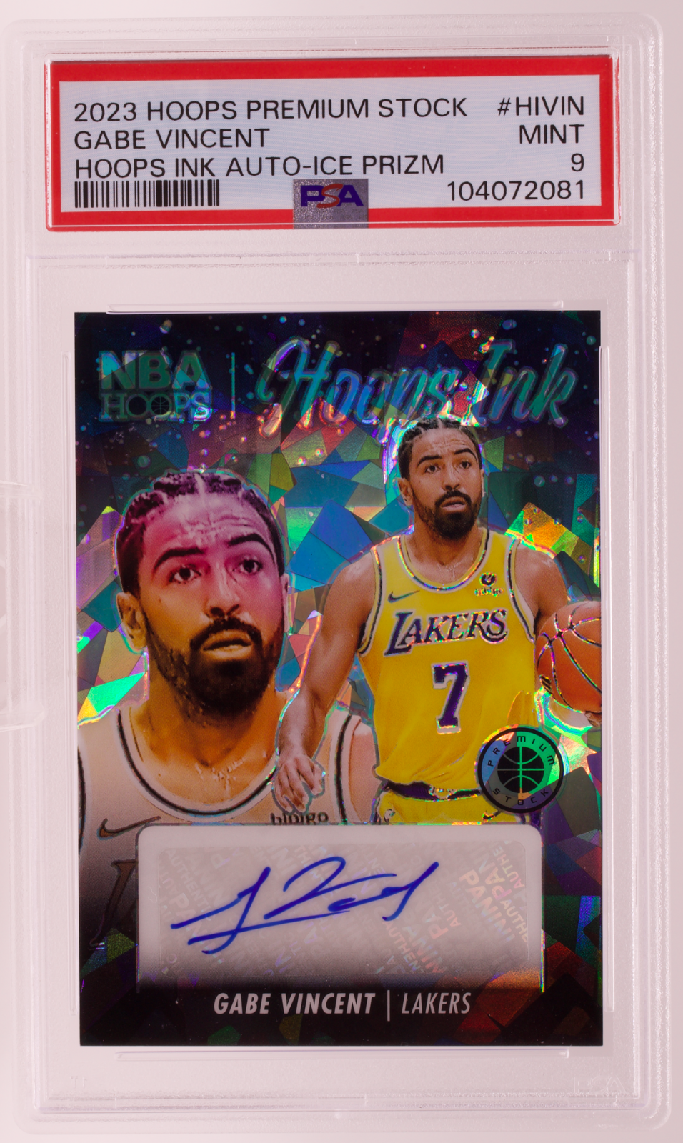 2023-24 Hoops Premium Stock Gabe Vincent Hoops Ink Auto Ice Prizm PSA 9 Lakers