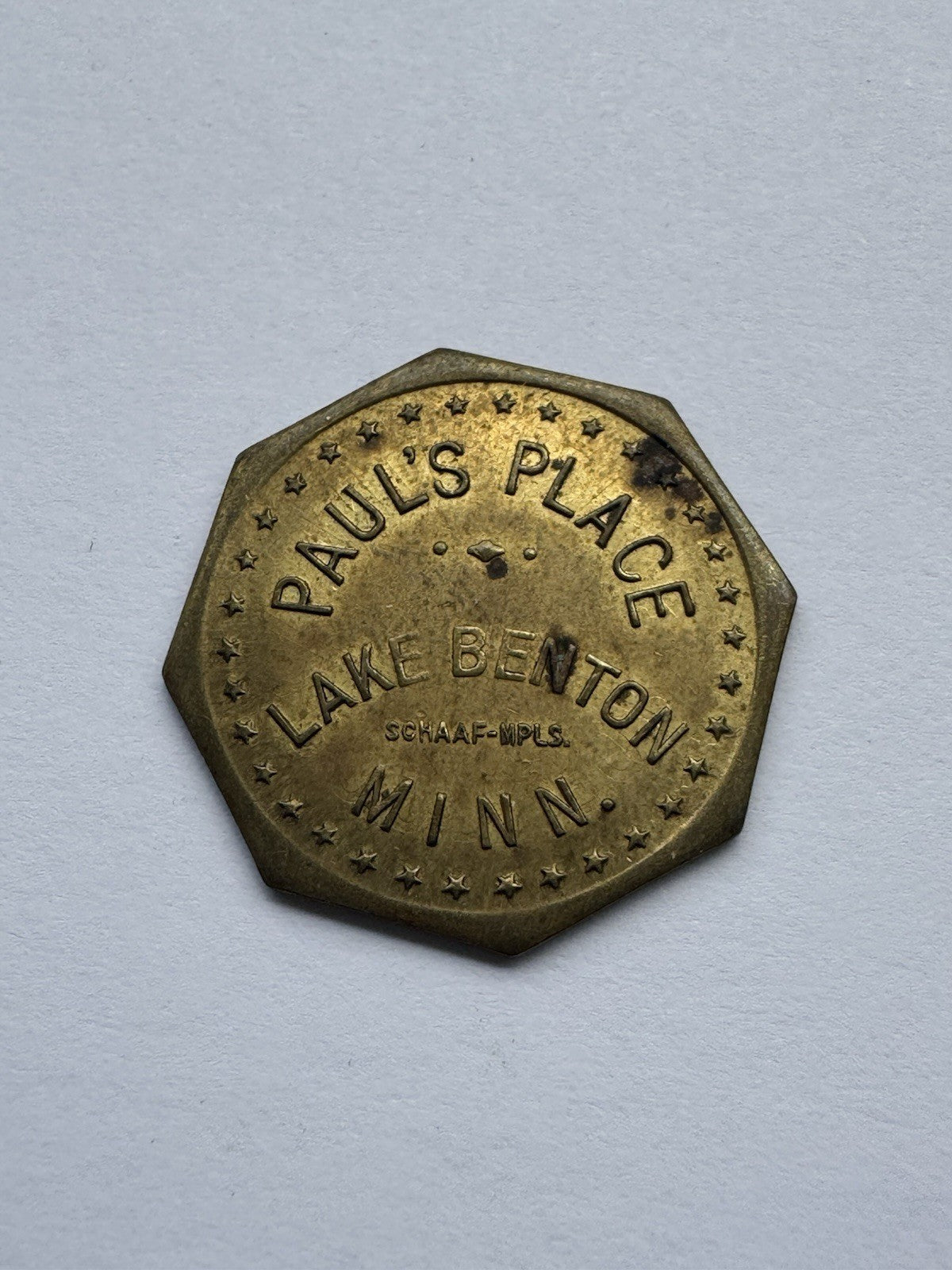 Paul’s Place Lake Benton MN 10¢ Decagon Trade Token Vintage Brass Bar Coin