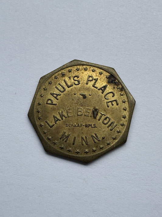 Paul’s Place Lake Benton MN 10¢ Decagon Trade Token Vintage Brass Bar Coin