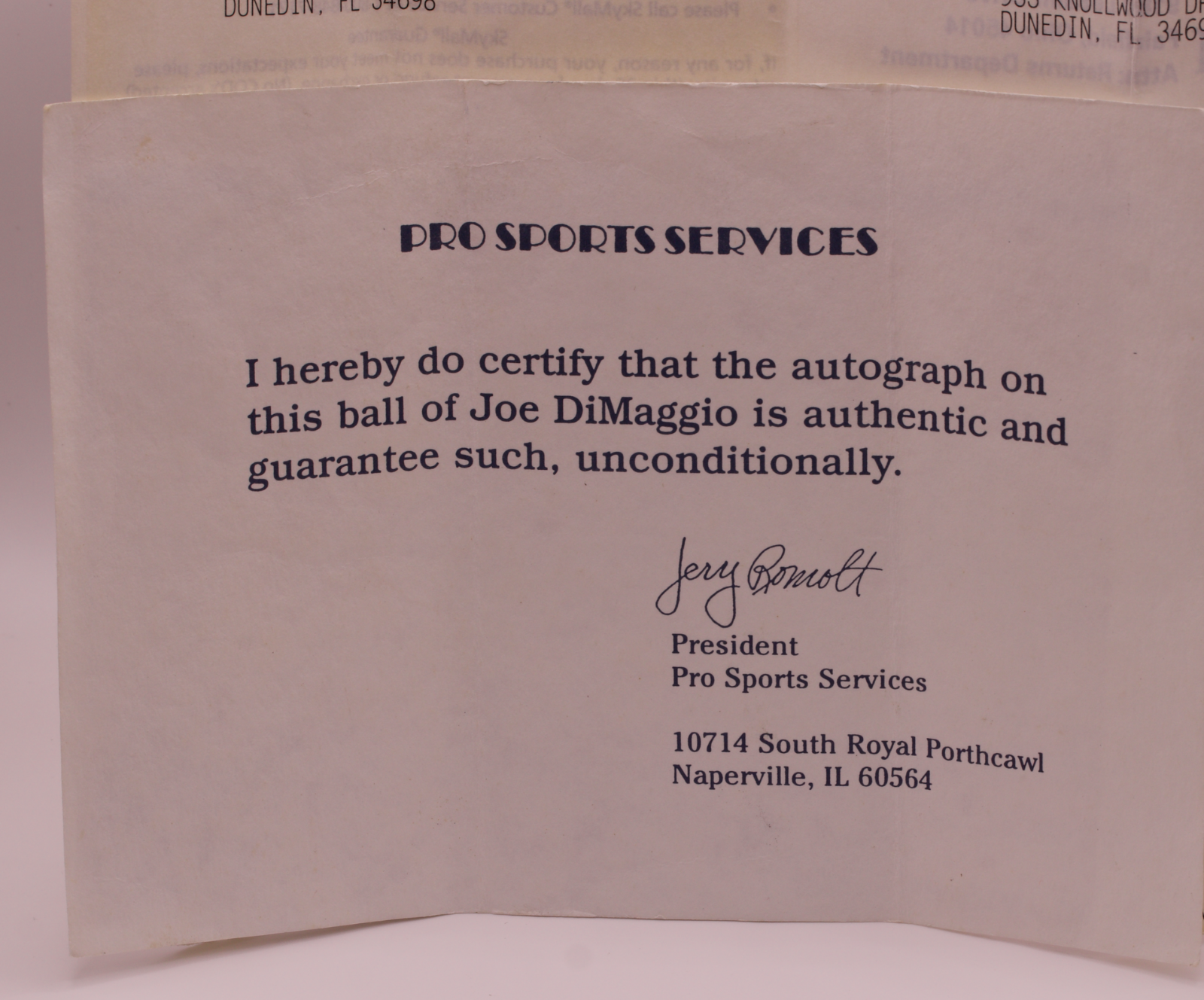 Joe DiMaggio Signed Official AL Baseball 1995 Receipt COA Yankees HOF Display