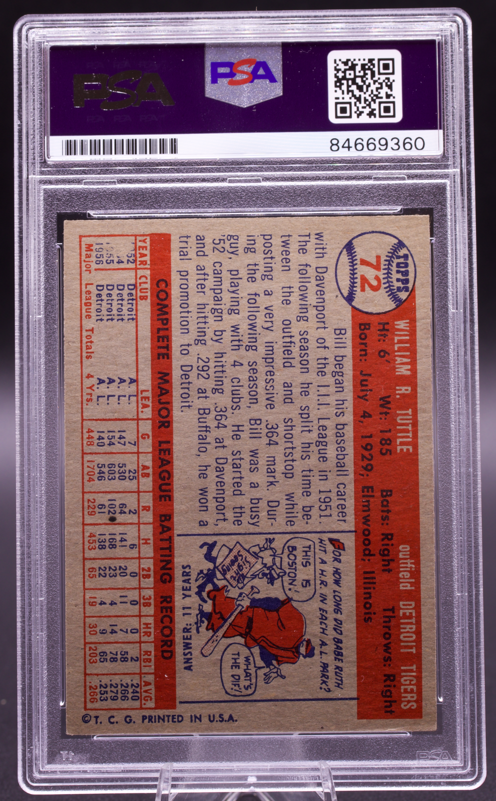 1957 Topps Bill Tuttle #72 PSA Authentic Auto Signed Detroit Tigers Vintage