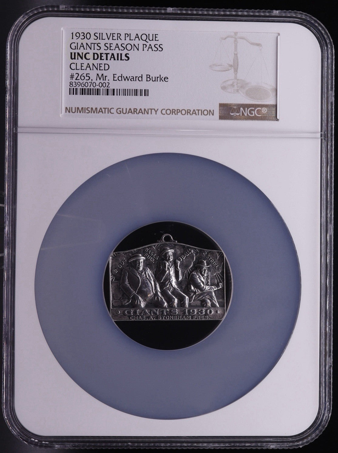 1930 New York Giants Sterling Silver Season Pass Edward Burke Lambert Bros NGC