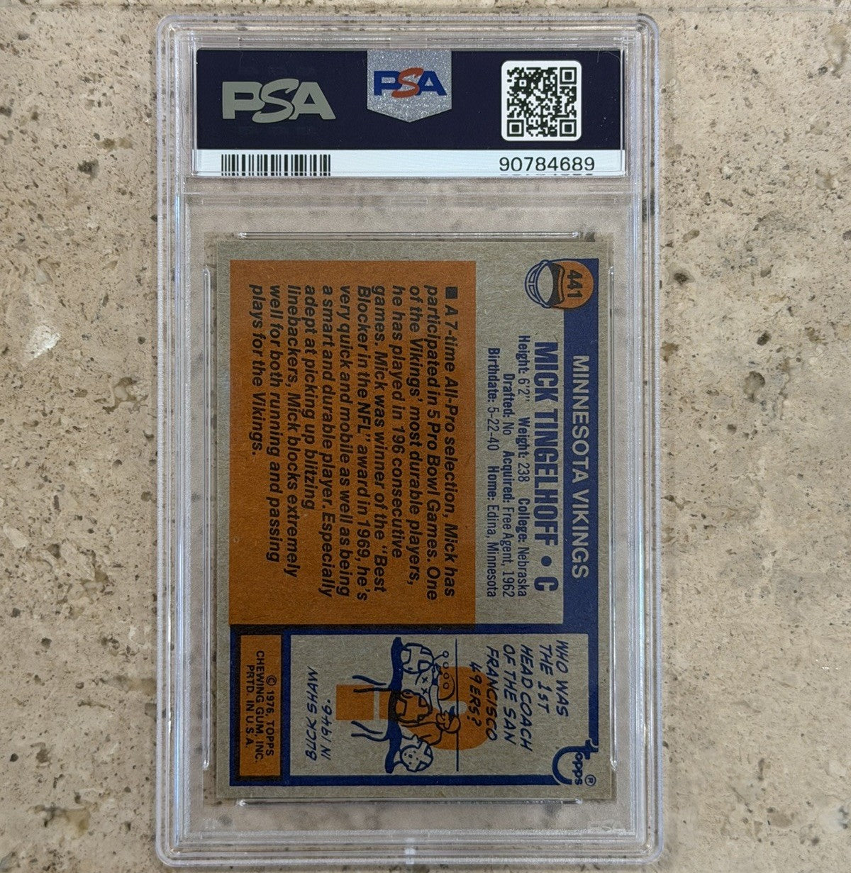 1976 Topps #441 Mick Tingelhoff PSA 8 NM-MT Minnesota Vikings HOF Center Card