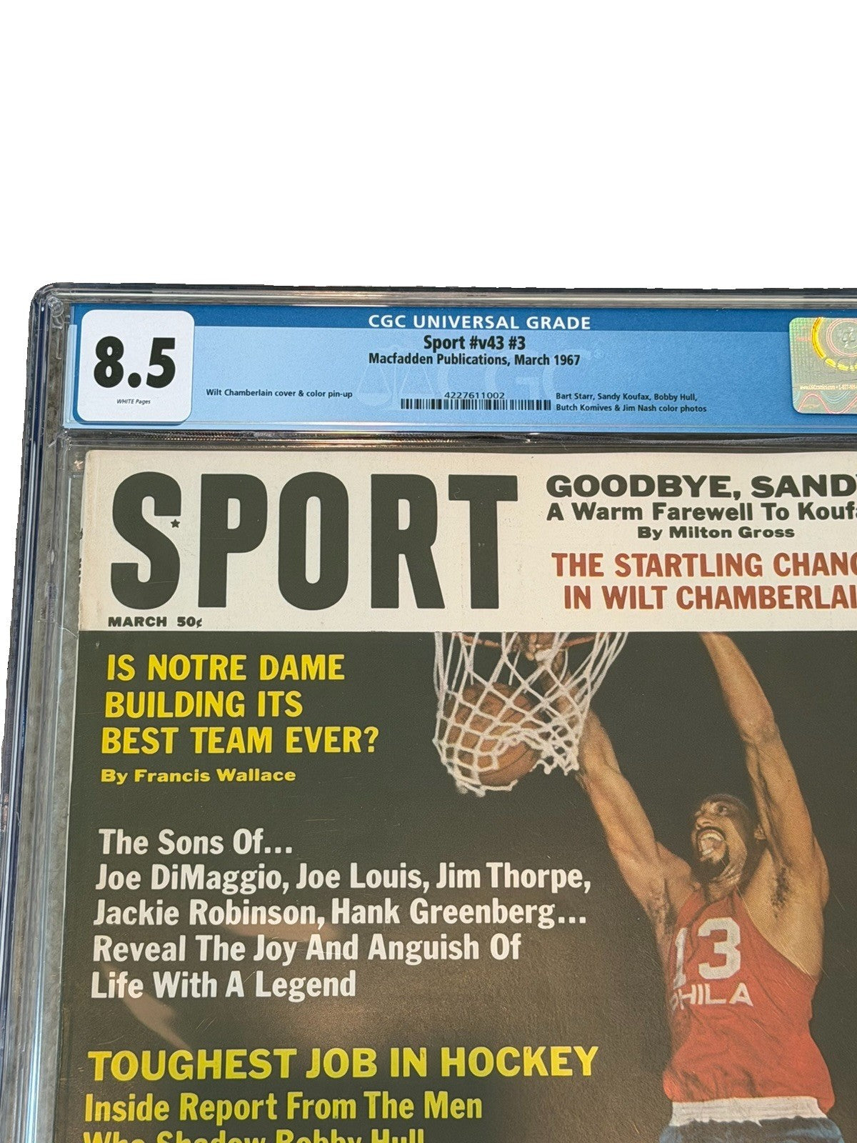 1967 SPORT Magazine March Wilt Chamberlain Cover CGC 8.5 Rare WHITE Pages