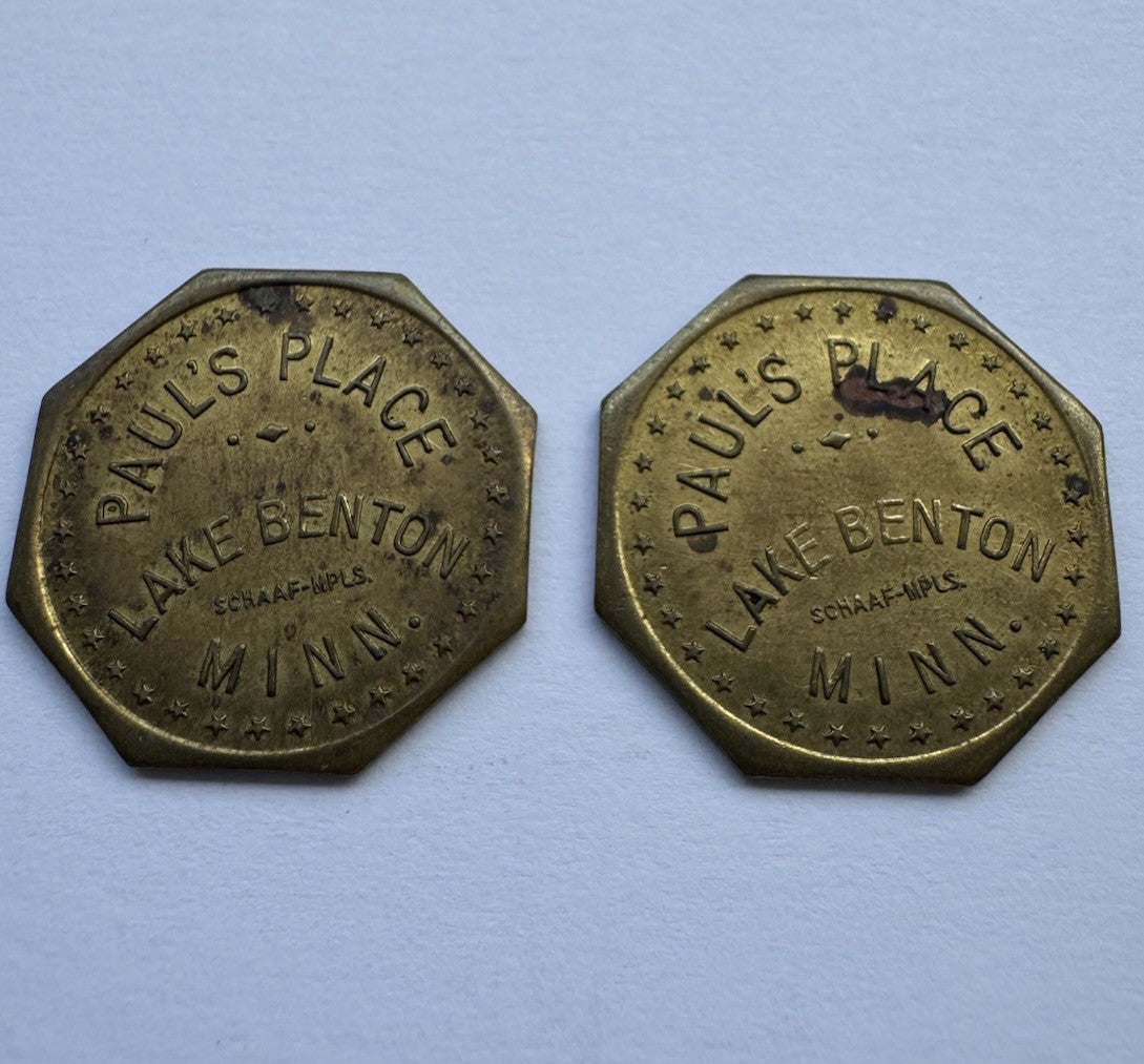 2x Paul’s Place Lake Benton MN 10¢ Octagon Trade Token Vintage Brass Bar Coin