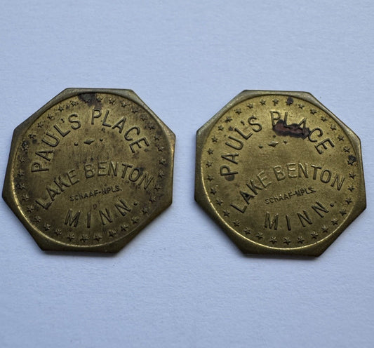 2x Paul’s Place Lake Benton MN 10¢ Octagon Trade Token Vintage Brass Bar Coin