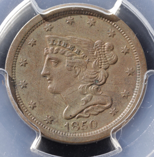 1850 Braided Hair Half Cent PCGS AU Details Environmental Damage Early US Coin