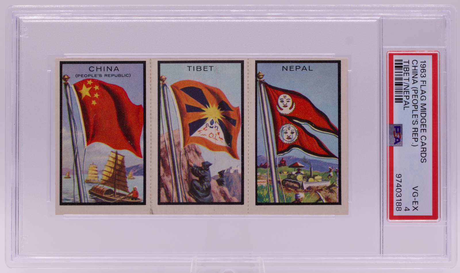 1963 Flag Midgee Cards China Tibet Nepal PSA VG-EX 4 Uncut Strip