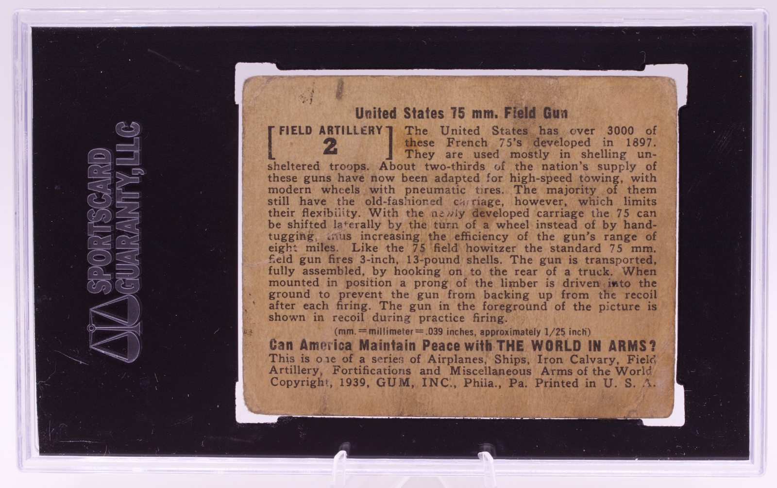 1939 Gum Inc #2 US 75mm Field Gun World in Arms SGC Poor 1