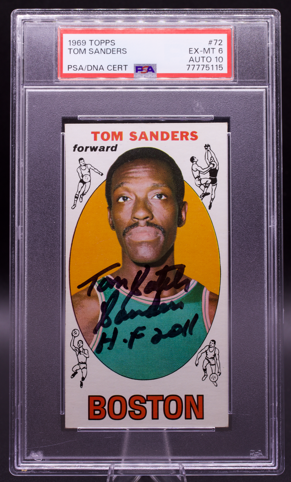 1969 Topps Tom Satch Sanders #72 PSA 6 AUTO 10 Inscribed Celtics Tallboy HOF
