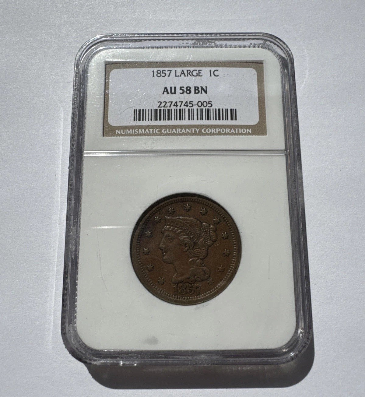 1857 Large Cent – Large Date – NGC AU58 BN – Late Issue Braided Hair Copper Coin