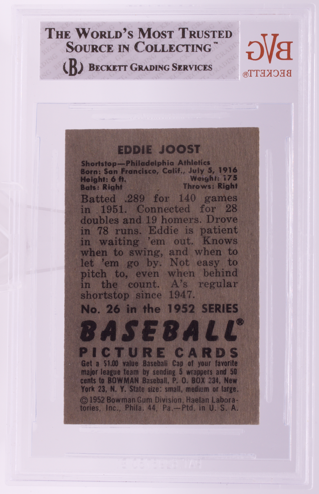 1952 Bowman Eddie Joost #26 BVG 8 NM-MT Philadelphia As Vintage Baseball