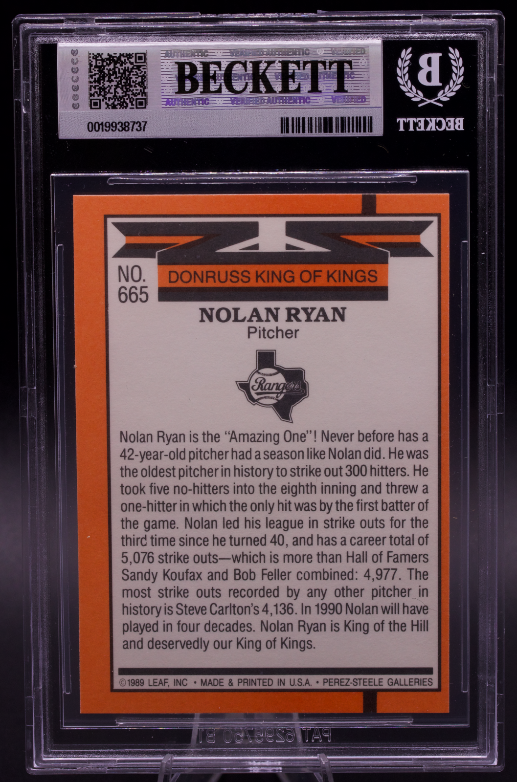 1990 Donruss King of Kings Nolan Ryan #665 New BGS Holder 8.5 NM-MT+ Rangers