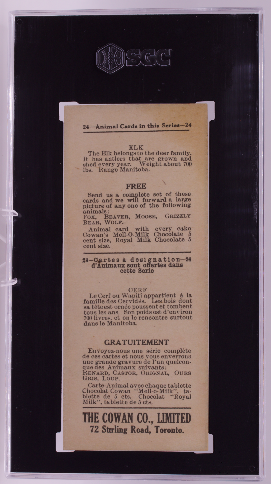 1920 Cowan Co V2 Animal Cards #9 Elk SGC 1 PR Canadian Chocolate