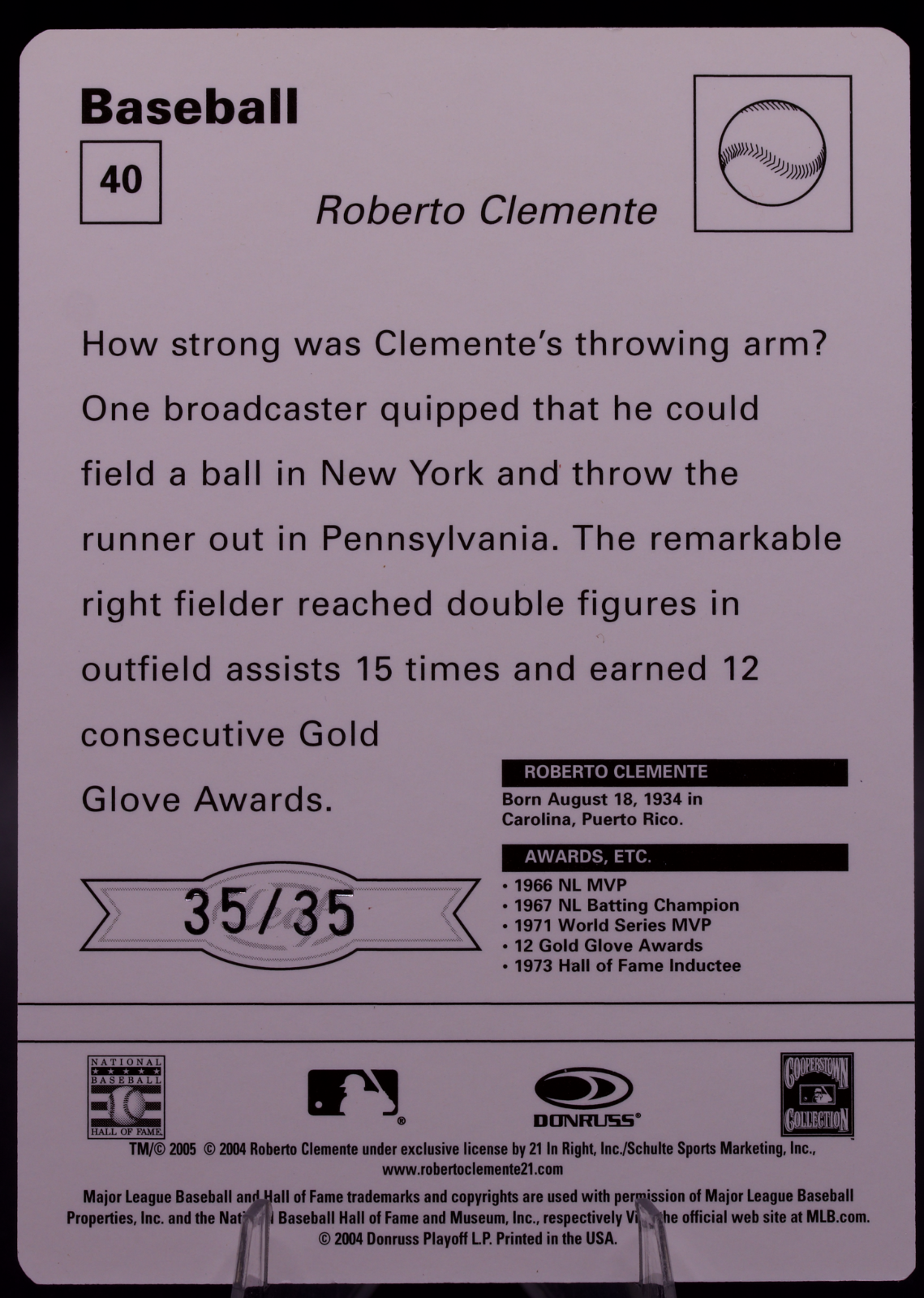2005 Donruss Leaf Sportscaster Roberto Clemente #40 35/35 Pirates HOF BOOK END !