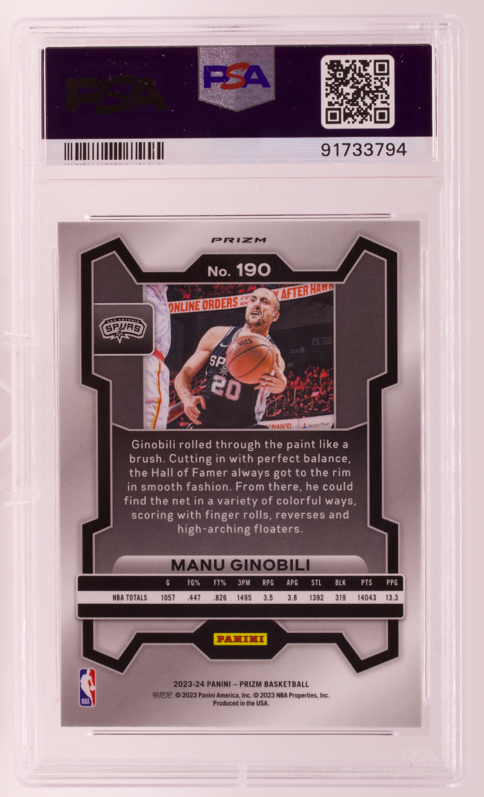 2023-24 Panini Prizm Manu Ginobili #190 Pink Ice Prizm PSA 9 MINT Spurs HOF