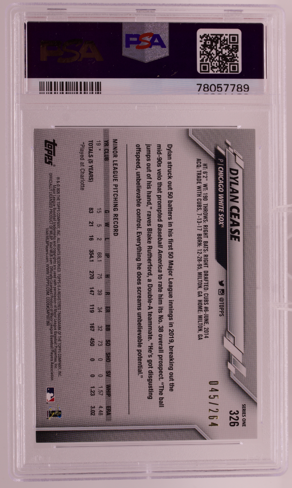 2020 Topps Retail Foilboard Dylan Cease RC #326 /264 PSA 10 GEM MINT White Sox