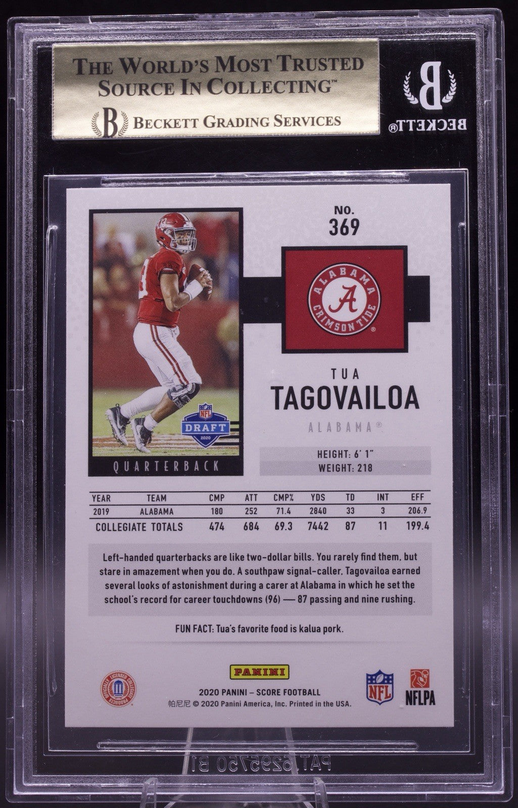 2020 Score Tua Tagovailoa Rookie #369 BGS 9.5 Gem Mint Dolphins RC
