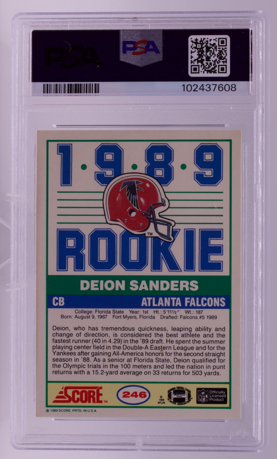1989 Score #246 Deion Sanders Rookie Atlanta Falcons PSA 8 NM-MT