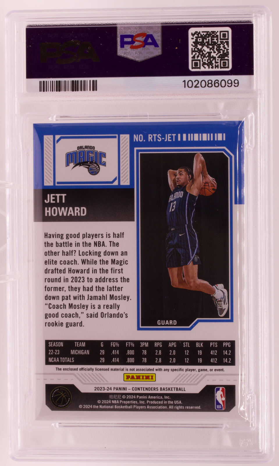2023-24 Panini Contenders Jett Howard Rookie Ticket Swatch Jersey PSA 10 Magic
