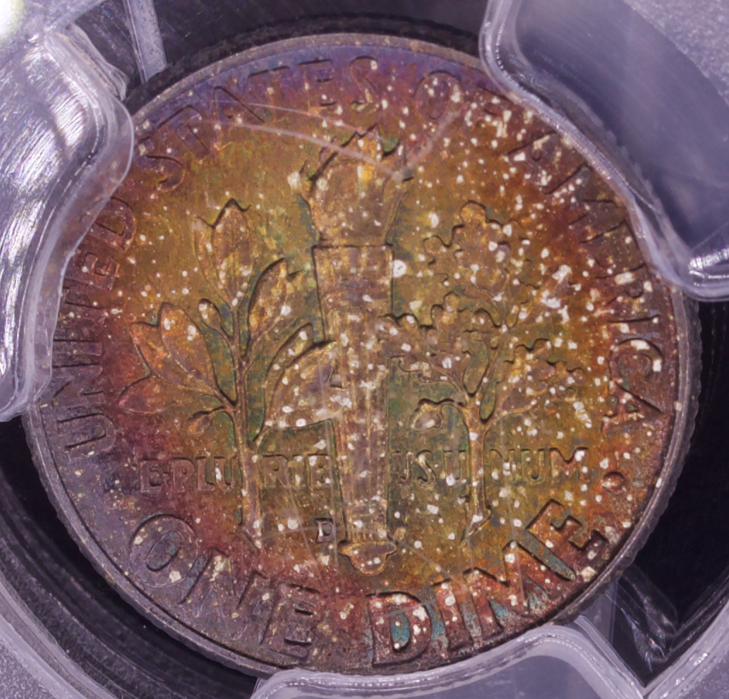 1960-D Roosevelt Dime PCGS MS66 • Full Rainbow Toning • Toned 10C Coin