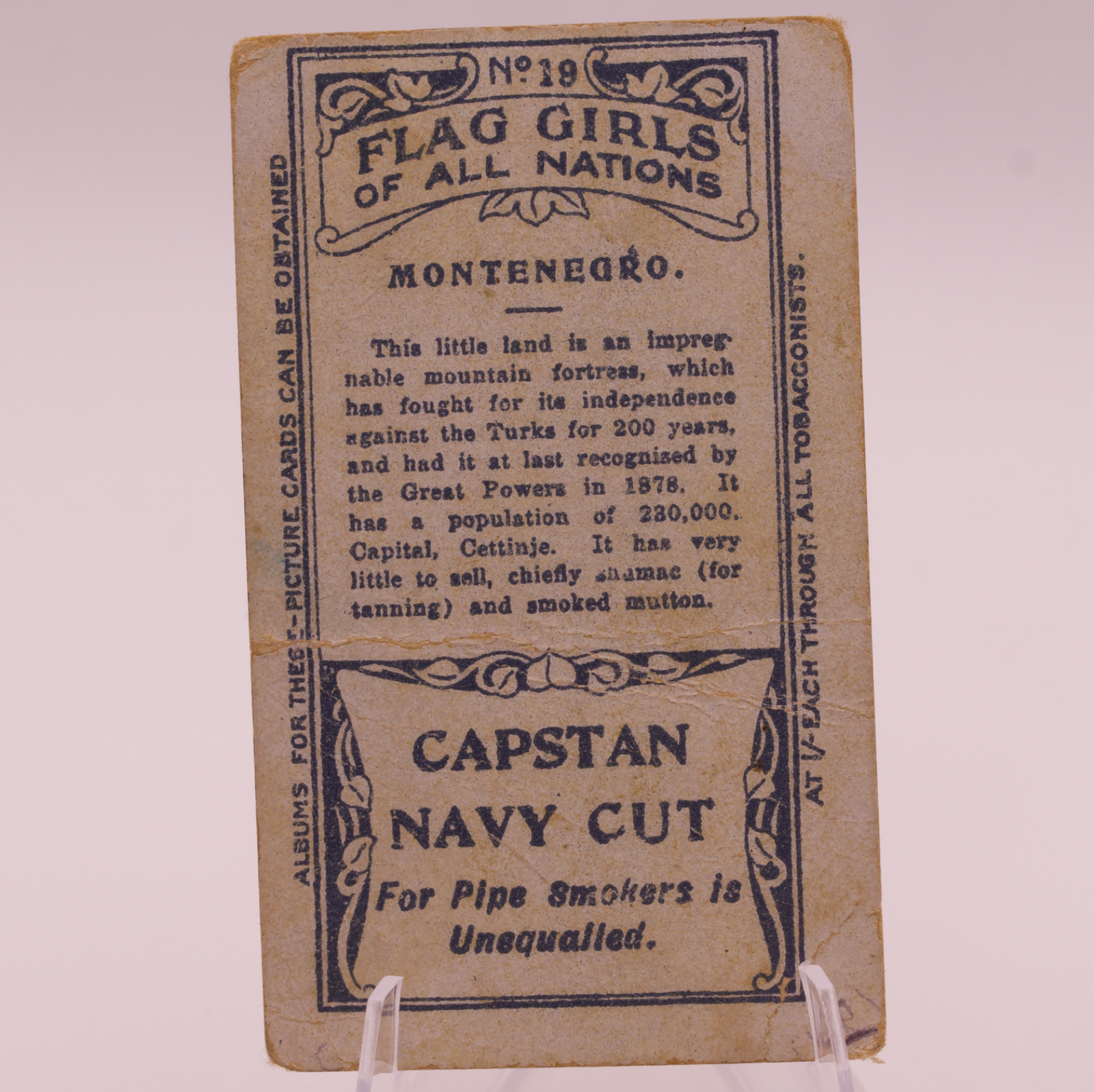 1908 Wills Flag Girls of All Nations #19 MONTENEGRO Capstan Navy Cut Tobacco Car