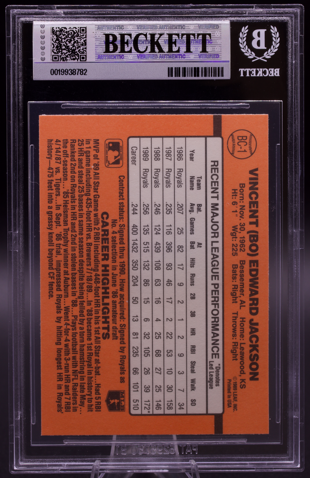 1990 Donruss MVPs Bo Jackson #BC1 Beckett BGS 9 Mint Kansas City Royals