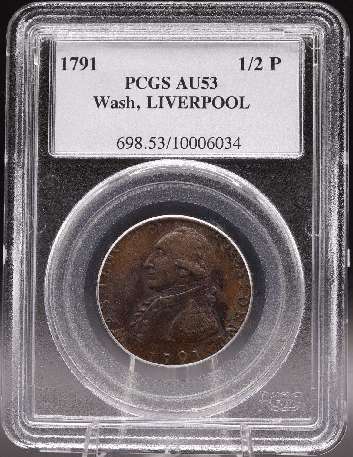 1791 Washington Liverpool Halfpenny PCGS AU53 • Anglesey Edge • Colonial Token