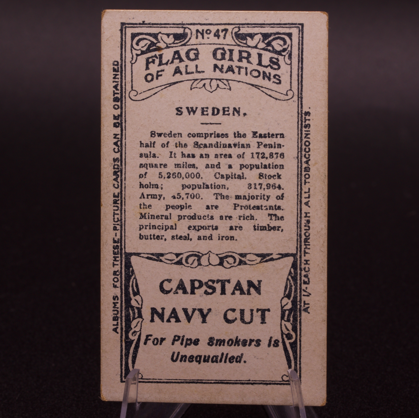 1908 Wills Flag Girls of All Nations Sweden No. 47 Capstan Navy Cut Cigarette