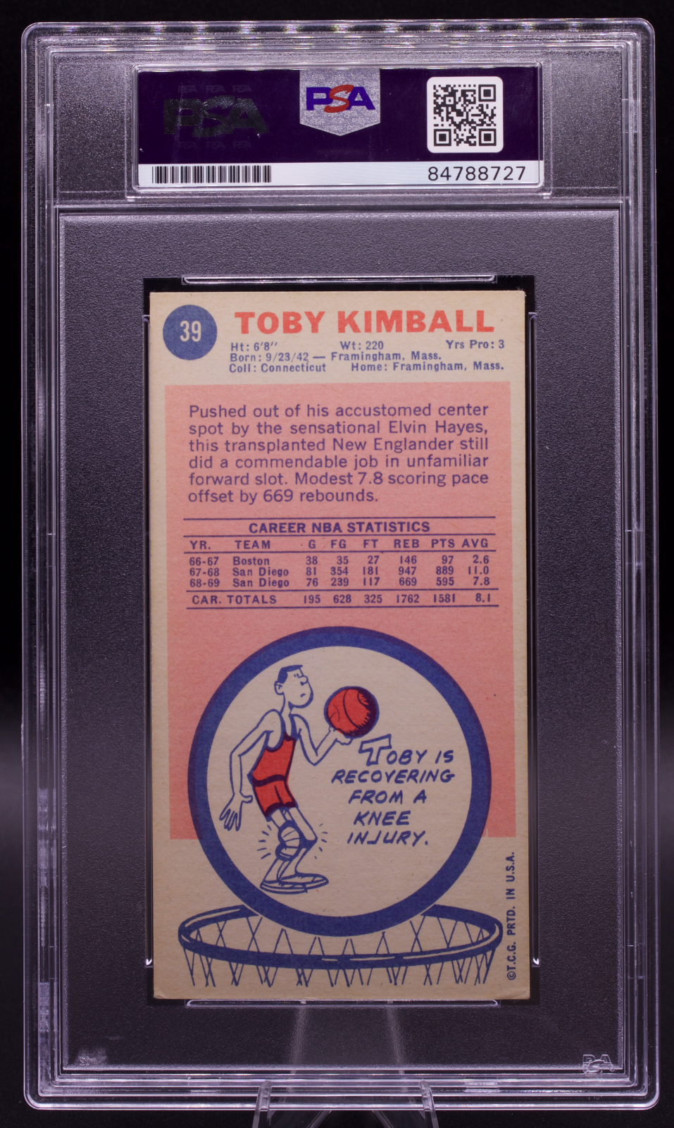 1969 Topps Signed Toby Kimball #39 PSA Authentic Auto San Diego Rockets Tallboy