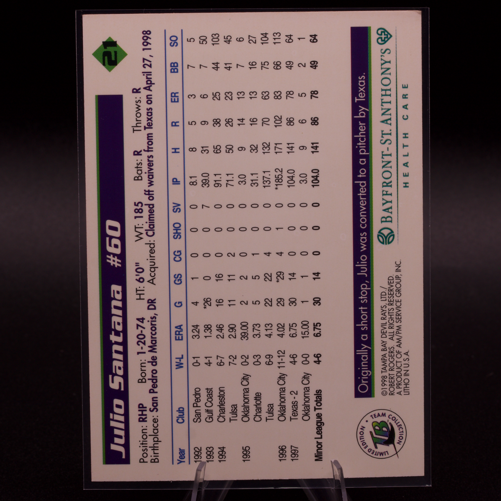 1998 Tampa Bay Devil Rays Team Issue Julio Santana #21 Inaugural Season Rookie