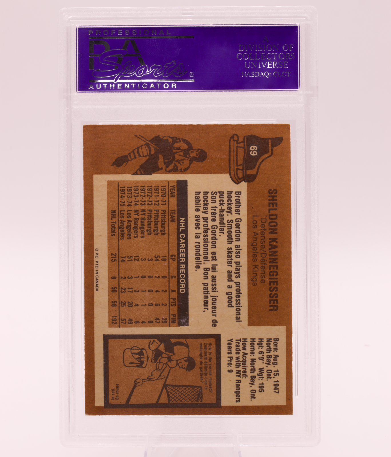 1975 O-Pee-Chee #69 Sheldon Kannegiesser PSA 8 NM-MT Los Angeles Kings Defense