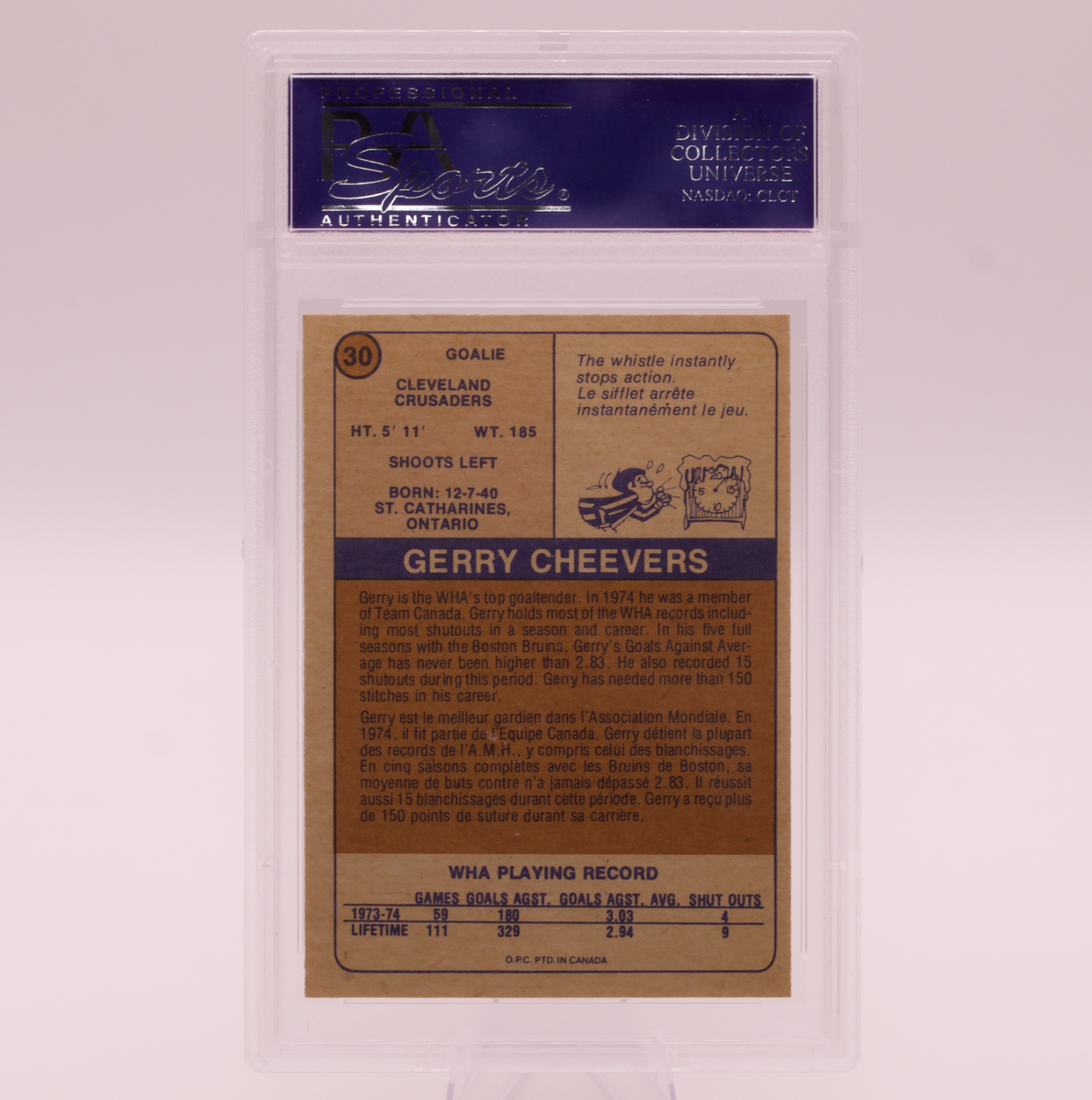 1974 O-Pee-Chee WHA Gerry Cheevers #30 PSA 8 NM-MT Cleveland Crusaders Hockey