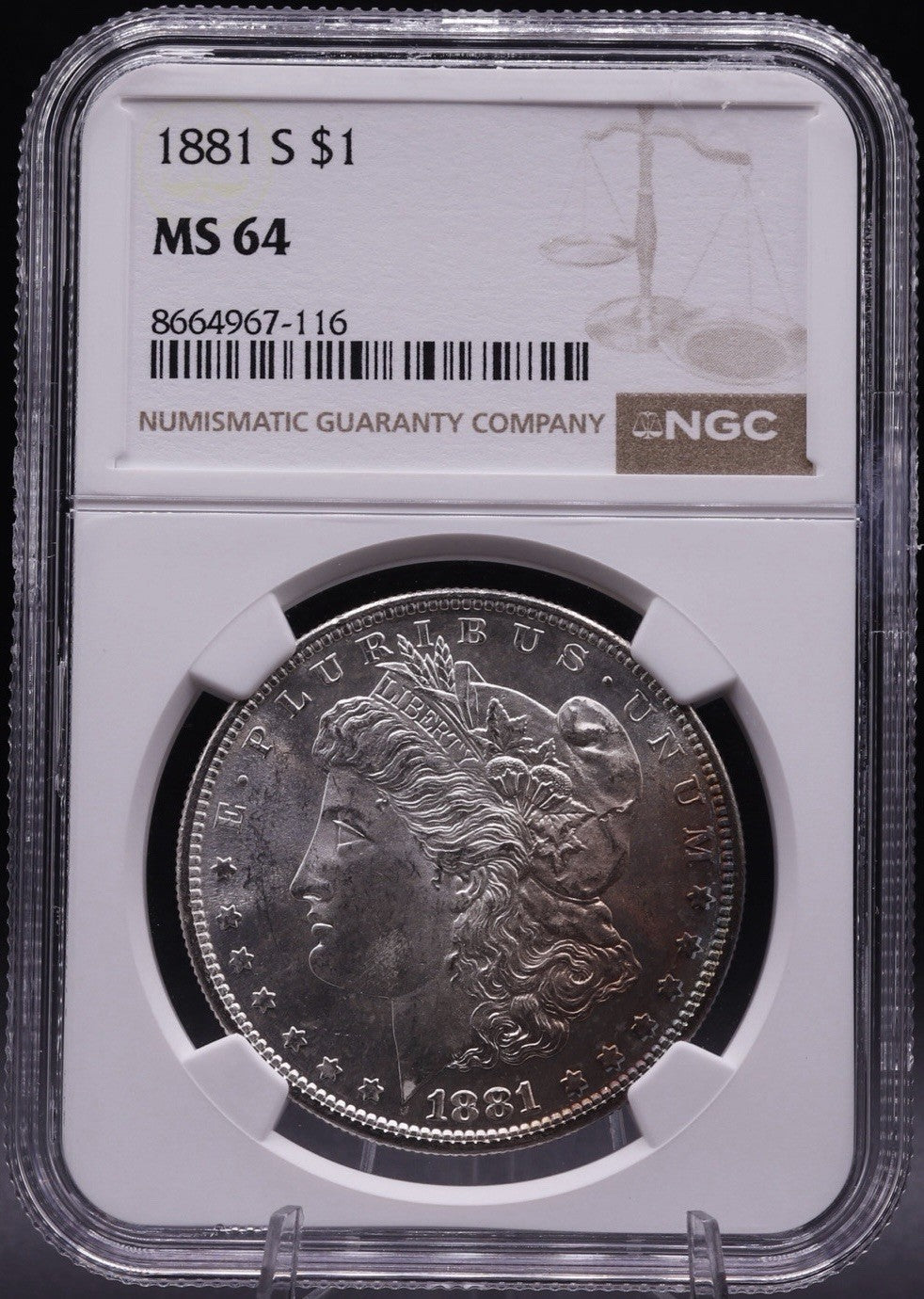 1881-S Morgan Silver Dollar NGC MS64 Orange Rim Toning Obverse Choice Unc Coin