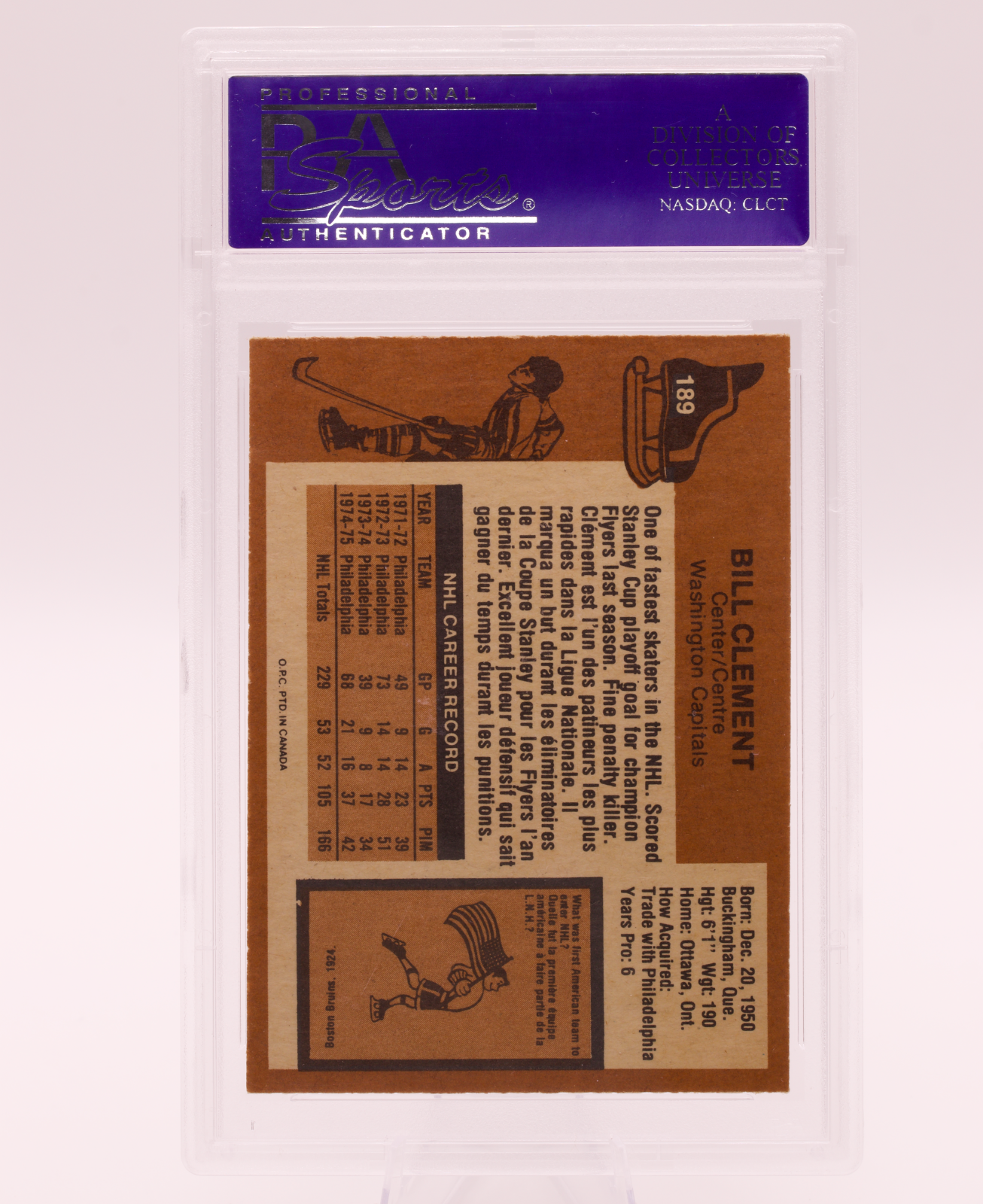 1975 O-Pee-Chee #189 Bill Clement PSA 8 NM-MT Washington Capitals OPC Hockey