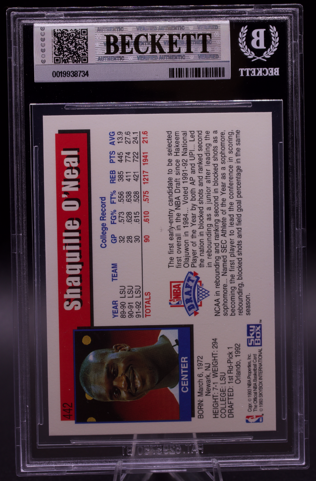 1992-93 Hoops Shaquille O'Neal #442 Beckett BGS 9 Mint Orlando Magic Rookie RC