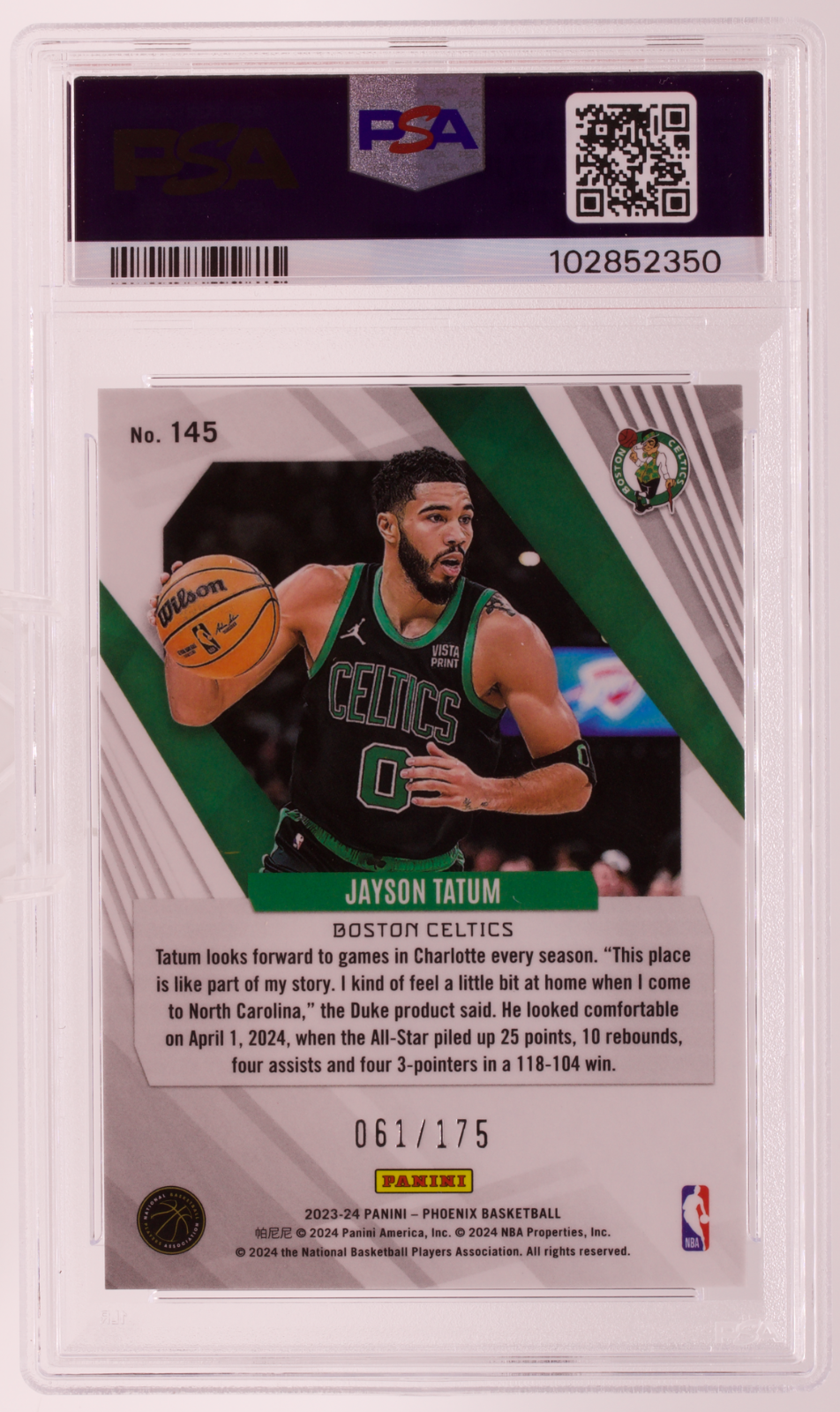 2023-24 Panini Phoenix Jayson Tatum #145 Green Lazer /175 PSA 10 GEM MT Celtics