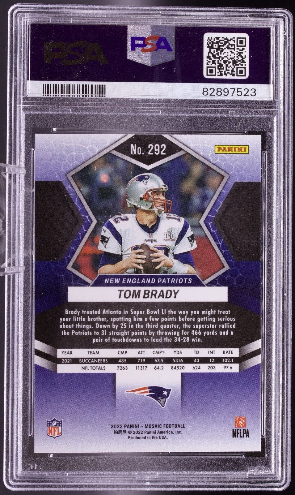 2022 Panini Mosaic Tom Brady #292 PSA 10 GEM MT Patriots Super Bowl LI MVP